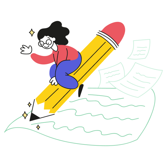 A cartoon image of a woman riding on a pencil that's writing on a piece of paper.