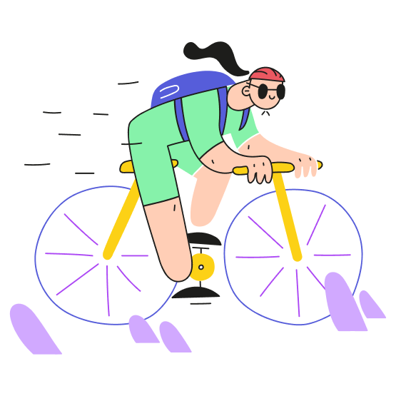 A cartoon woman with sunglasses rides a bicycle as her ponytail whips in the wind behind her