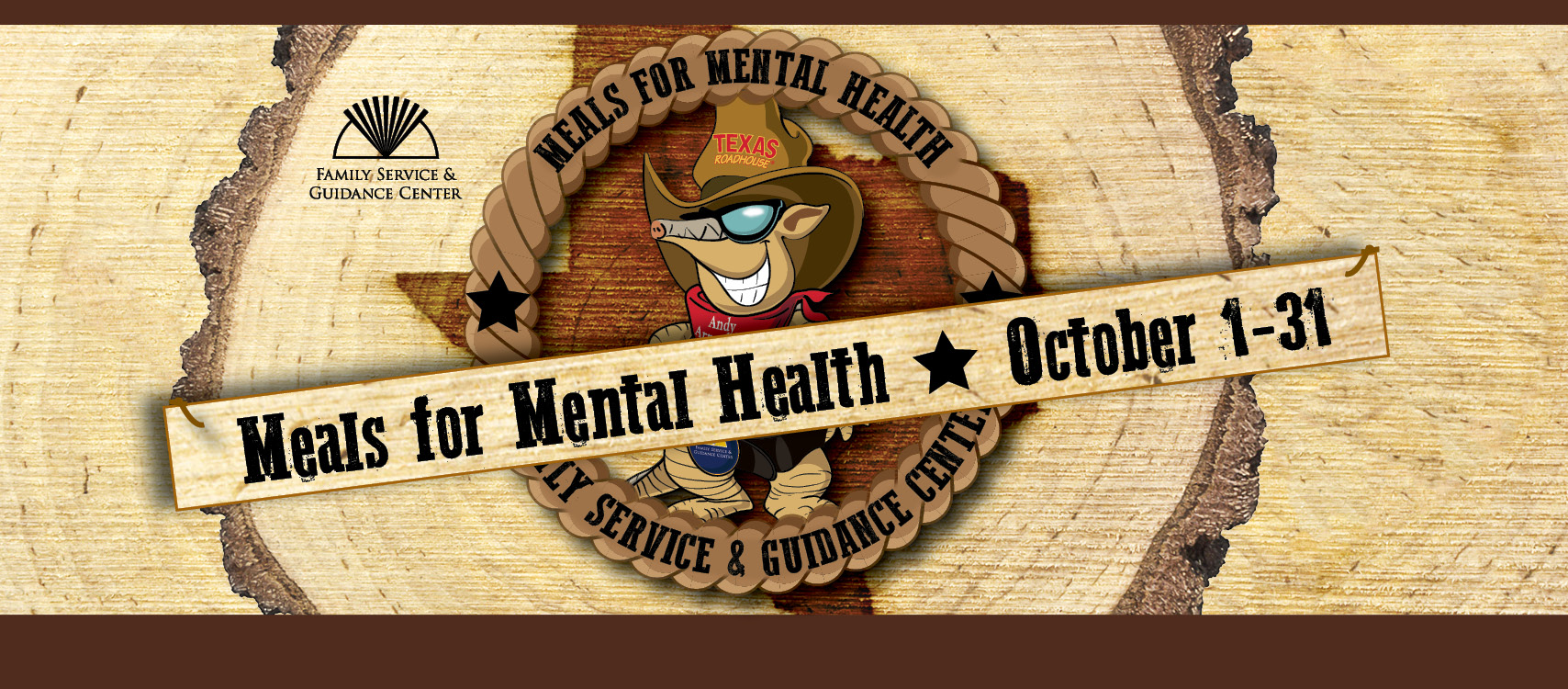 An advertising image for Meals for Mental Health. An Armadillo wearing a cowboy outfit is in the center. The background is a wooden pattern. The image has the Family Service and Guidance Center logo. The text reads Meals for Mental Health, Family Service and Guidance Center. Meals for Mental Health, October First through thirty-first.