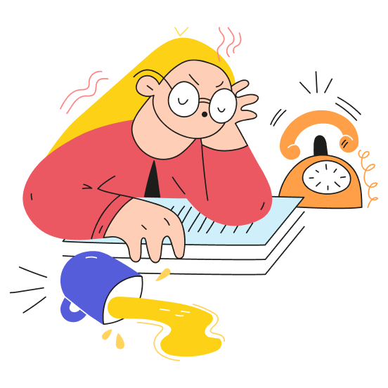 A cartoon woman with glasses is sitting at a desk over a stack of papers looking overwhelmed by a ringing phone and spilled cup of coffee next to her