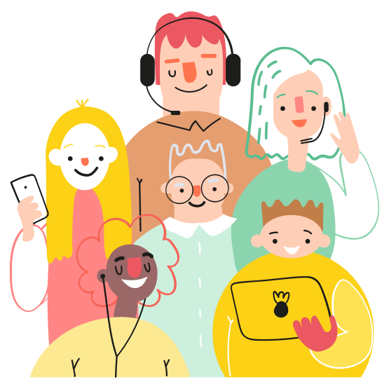 Colorful and playful line illustration depicting 6 FSGC team members with happy expressions that look ready to help. Some have headsets, tablets and phones.
